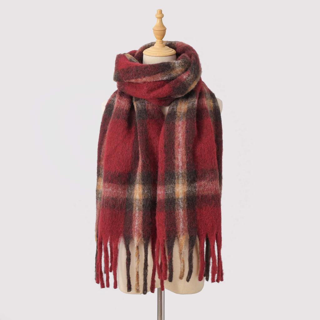 Autumn and winter wool plaid scarf women's high-end imitation cashmere versatile simple warm thickened fringed scarf