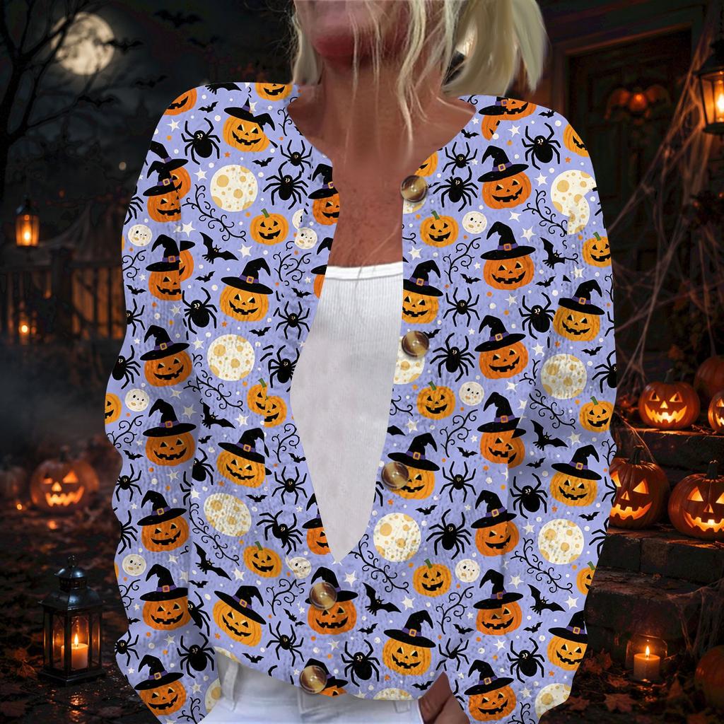 Women's Halloween Print Long Sleeve Knit Cardigan Button Front