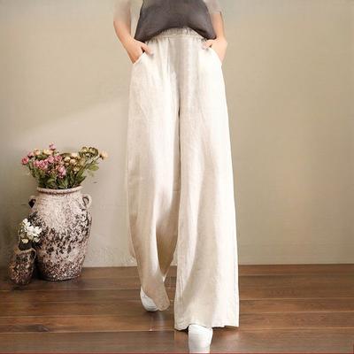 Calças de Cor Sólida Tamanho Plus Pernas Largas Femininas Cordão Elástico Cintura Algodão e Linho Primavera e Verão Calças Femininas Soltas