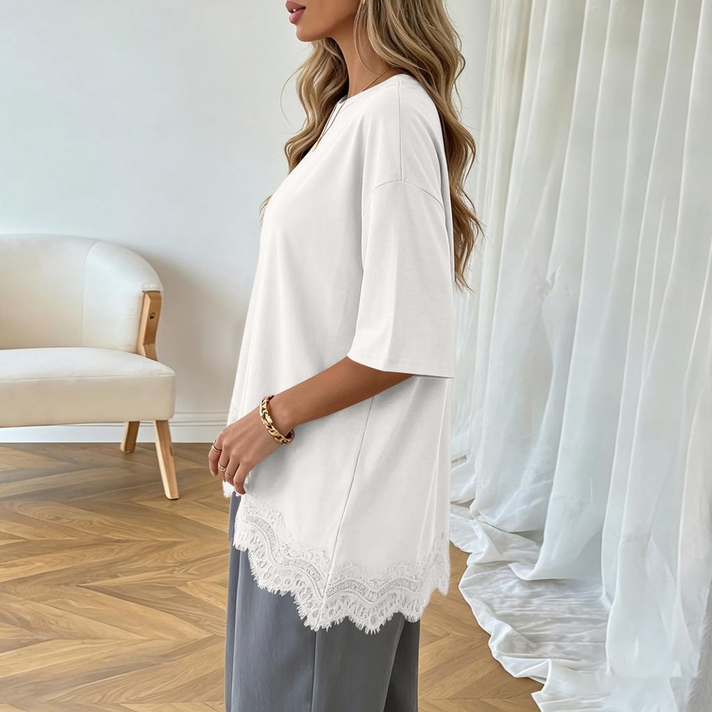 Women Short Sleeve T Shirt Lace Trim Asymmetric Hem Casual Loose Fit Top Blouse Lightweight Breathable Soft Fabric