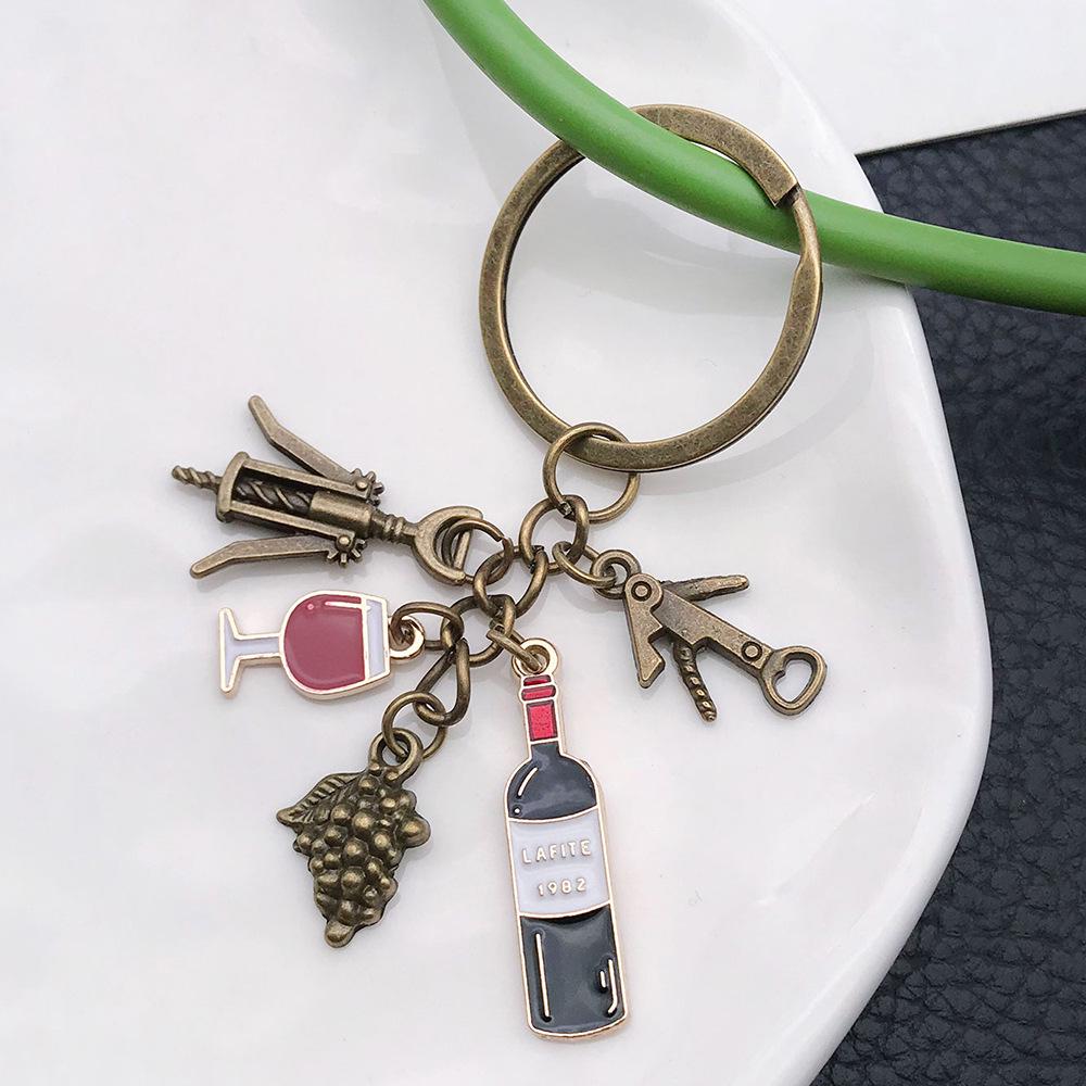 Ancient Bronze Zinc Alloy Wine Opener Keychain with Red Wine Glass Ornament