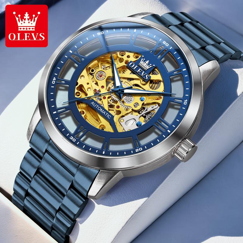 

OLVES Мужские часы Оригинальные скелетоны Автоматические механические часы для мужчин Водонепроницаемые светящиеся часы Роскошные мужские подарки синий