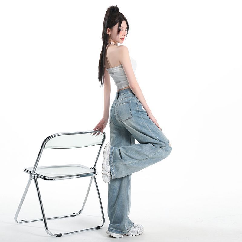 Retro Ripped Beaded Jeans for Women's New Summer High Waist Loose Straight Design To Make Them Look Slim and Mop