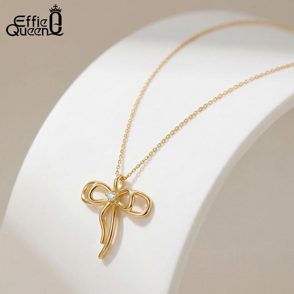 Effie Queen 925 Sterling Silver Bowknot Necklace Fashion Aesthetic Zircon Bow Pendant Choker Jewelry Daily Accessories SAPN63