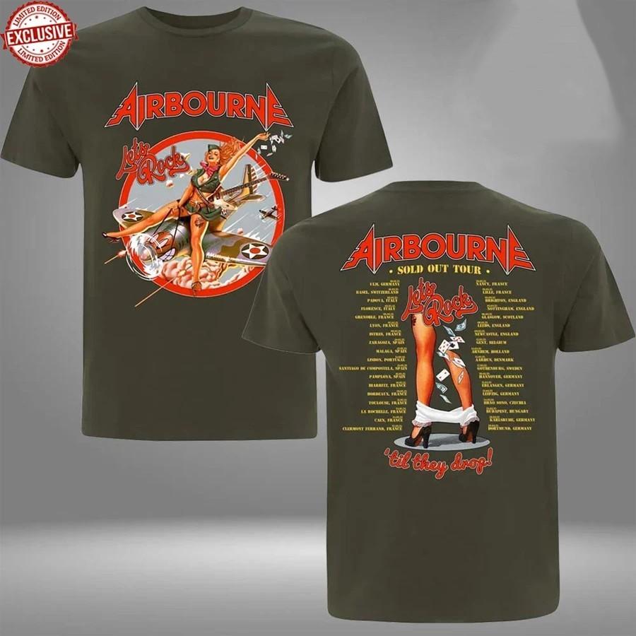 2 стороны Airbourne Band Let Rock Tour Футболка Военно-зеленая Унисекс S-5XL ND1096 Унисекс Футболка XL