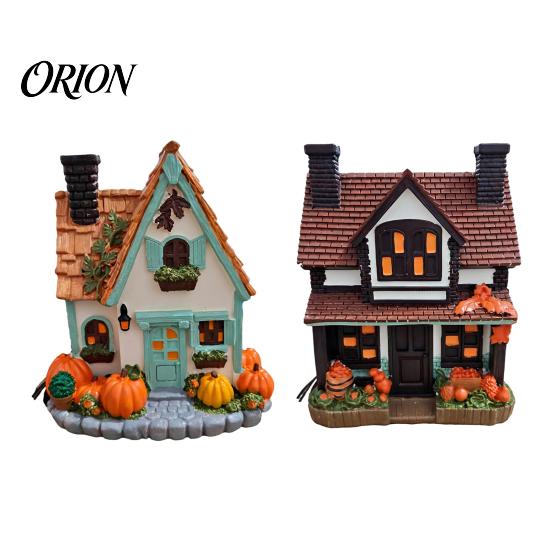 Autumn Leaves Lighted House Ornament Vintage Light-Up Pumpkins Cottage, Halloween Manor Figurine, Decor Indoor, Bookshelf Fall Spooky Table