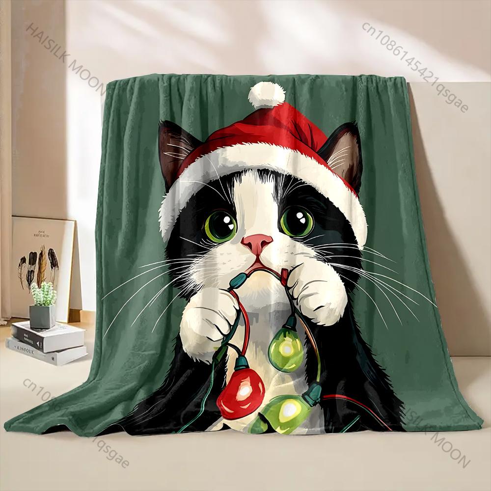 Cute Black Cat Christmas Lights Blanket Warm Soft Luxury Gifts for Children Adults Suitable for Home Bed Sofa Travel RV