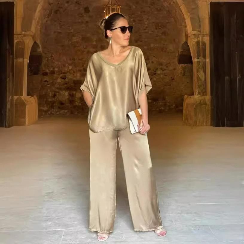 

Women s Two-piece Pants Spring and Autumn Satin Loose V-neck Casual Top Wide-leg Pants Fashion Set XS хаки