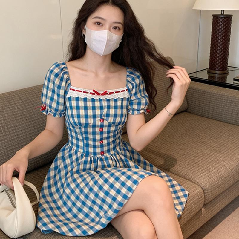 College Style Blue and White Plaid Short Skirt Women's Summer Square Collar Lace Splicing Waist Thin Sweet Sister Style Dress Wasteland Style