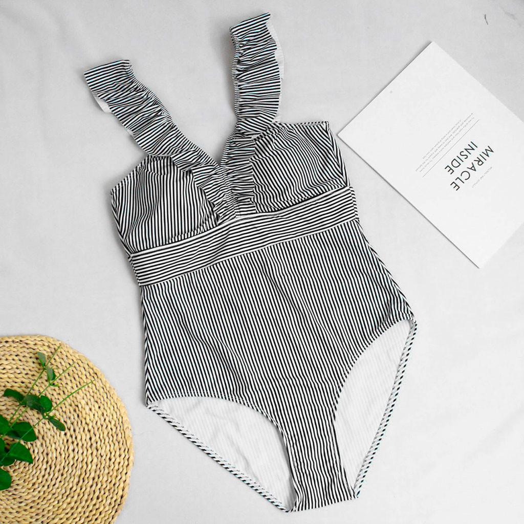 Women's One Piece Swimsuit Ruffled Striped Print Sleeveless Design Slim Fit Beachwear Swimwear for Summer Poolside