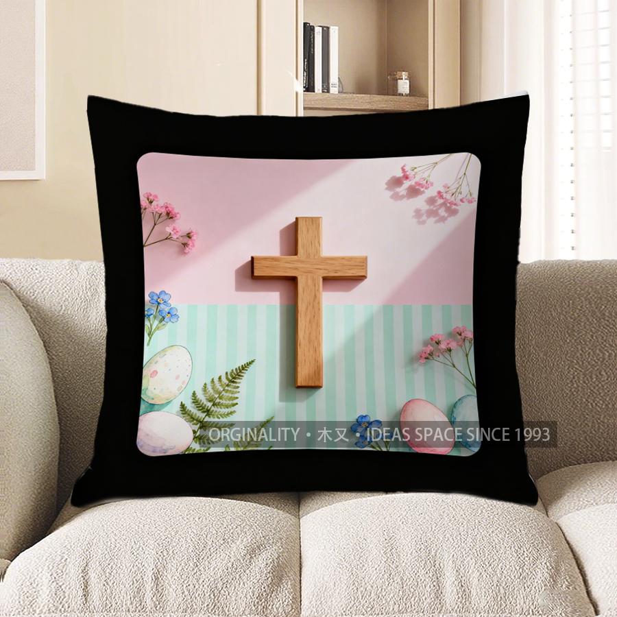 2D Easter Cross & Floral Decorative Pillow Cover Pattern Cushion Cover Suitable For Sofa Bedroom Car Pillow Cover