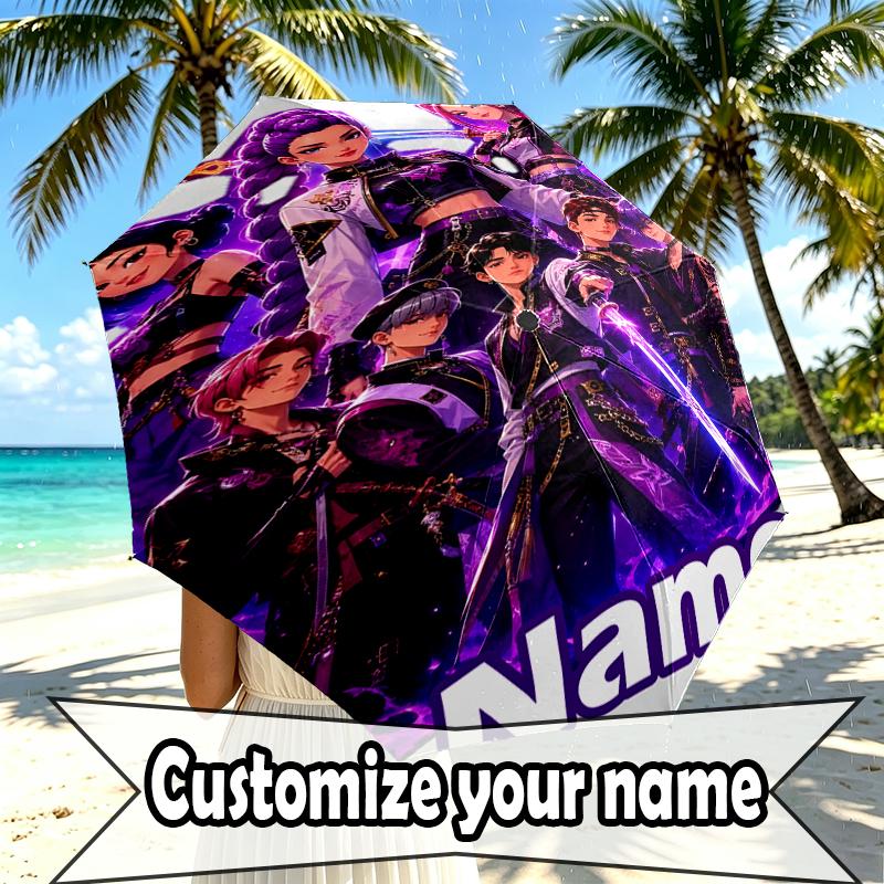 Custom Name Personalized KPop Hunters Print Umbrella, Auto Open Close, 8‑Rib Sturdy Frame, Commute Camping Hiking Use, Birthday Gift