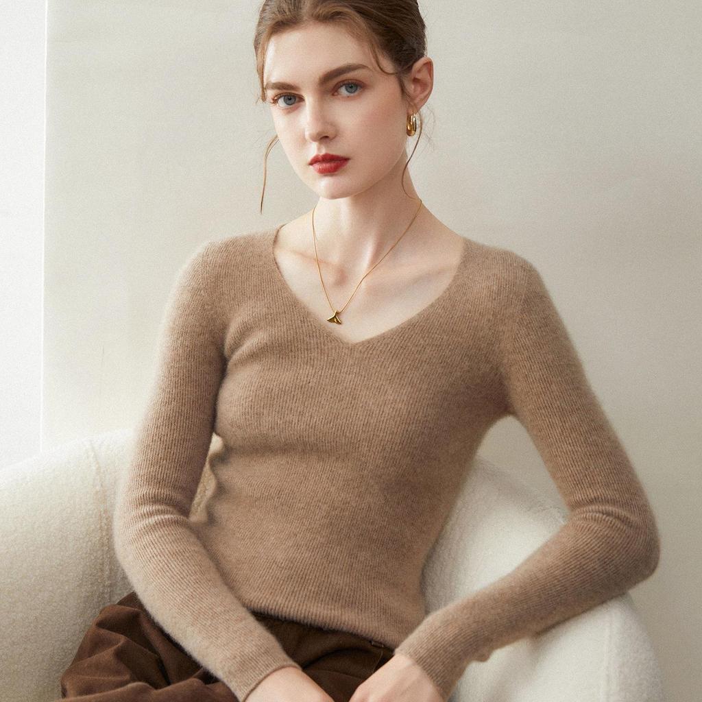 Women's 100% Pure Cashmere V-Neck Slim Fit Long Sleeve Pullover Sweater