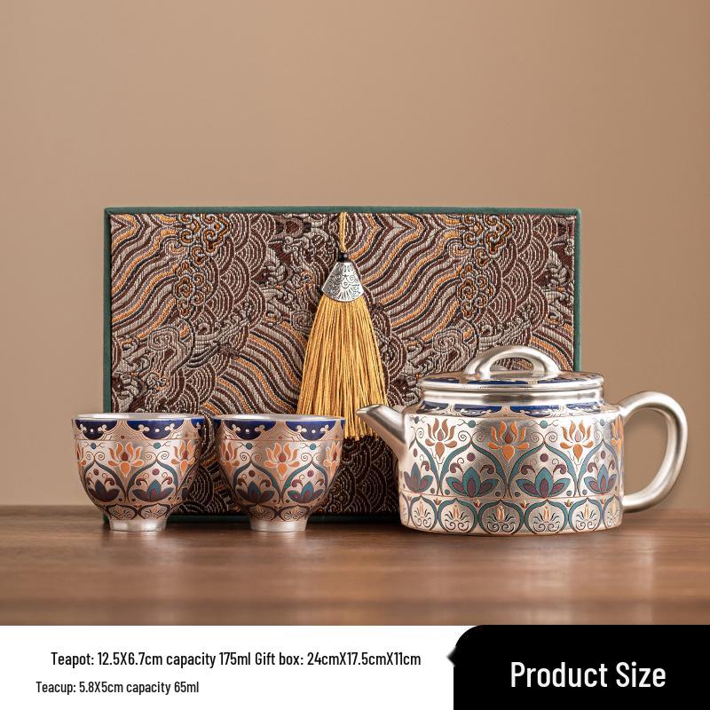 Chinese Silver-Plated Tea Set: Teapot & Cups Gift for Elders, Friends, Housewarming, or Birthday Souvenir.
