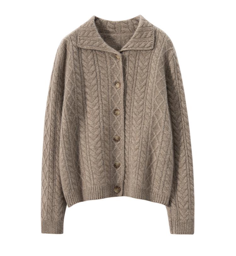 2026 Autumn/Winter Women's Fashionable Thick Cashmere Cable Knit Lapel Cardigan Sweater