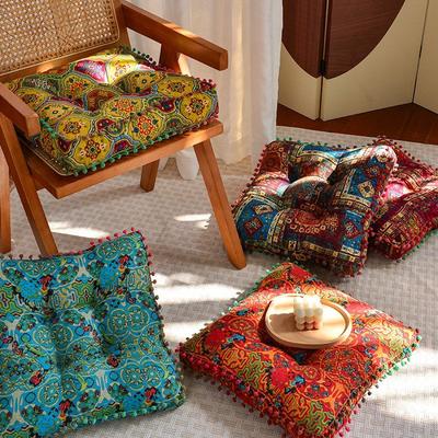 Bohemian Style Square Thickened Cushion - Multifunctional Comfortable Home Decorative Pillow with Pom-Poms