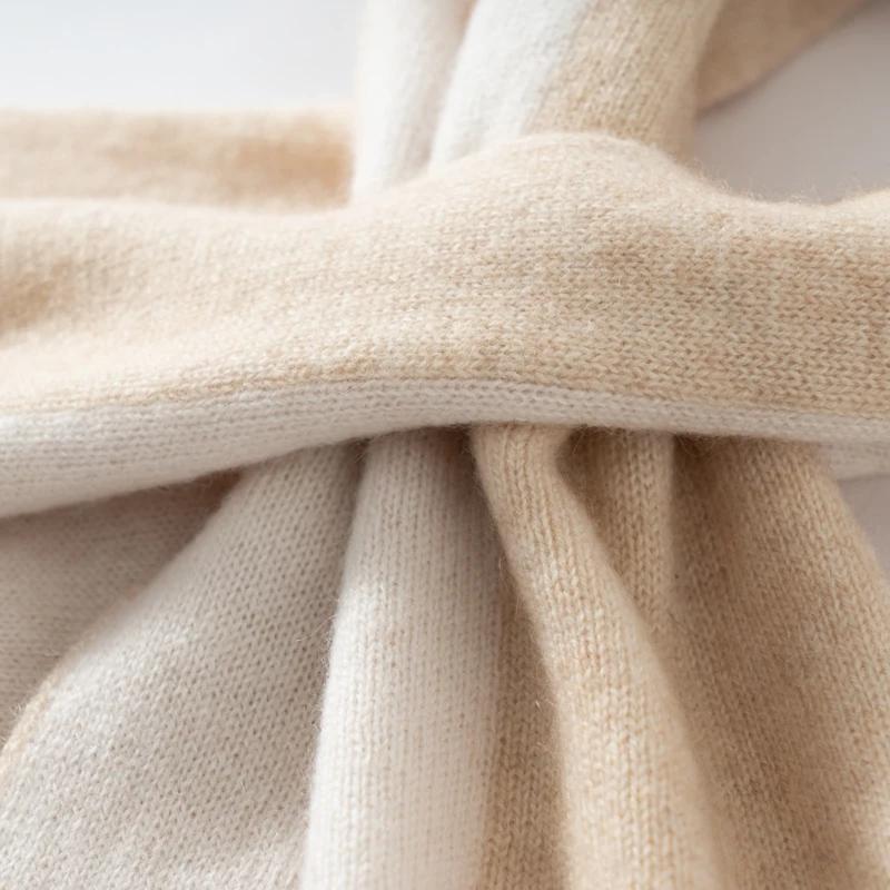Women's 100% Cashmere Knitted Scarf Windproof Cross Color Blocking Fluffy Soft Face Protect Neckerchief Lady Muffler for Winter