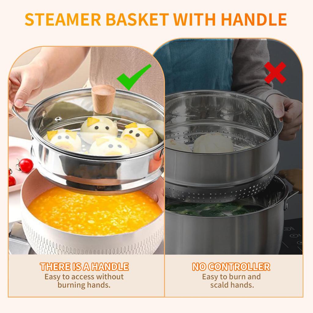Haskoss 20cm Thick Stainless Steel Food Steamer with Double Ears for Soup Pot and Milk Pot, Kitchen Tool