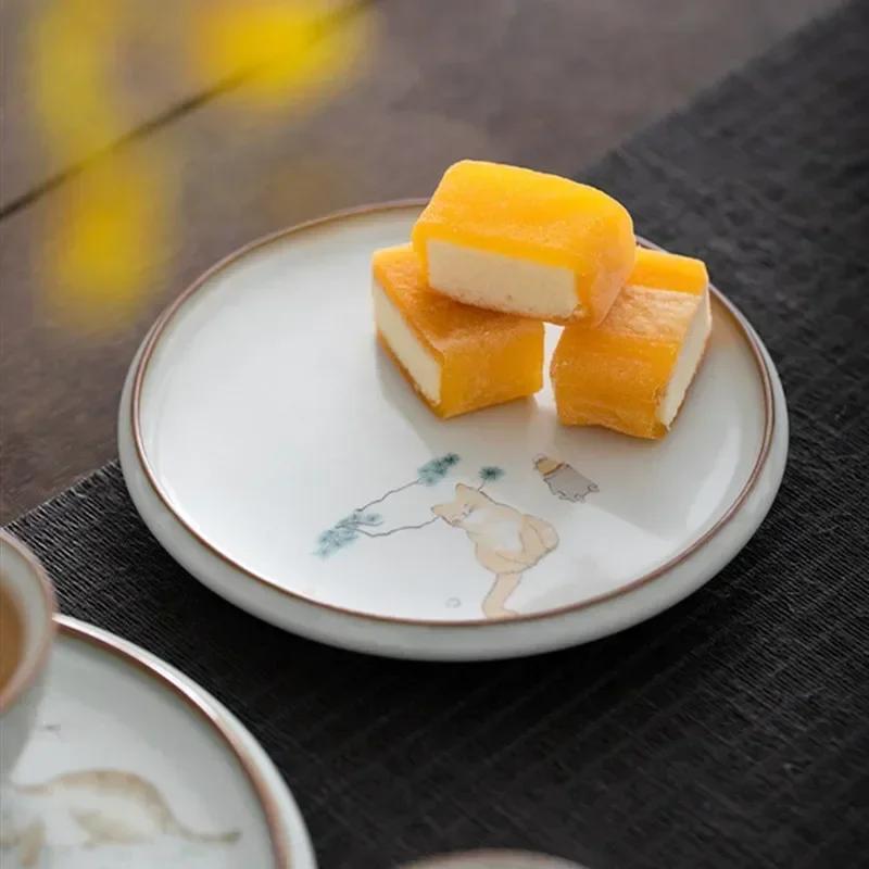 Chinese Ru Kiln Ceramic Tea Tray Teapot Teacup Mat Cute Cat Pot Bearing Round Gaiwan Tray Household Tea Set Decors Accessories