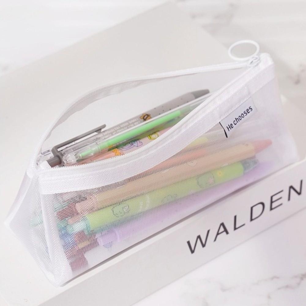 Stylish Nylon Mesh Pencil Case Solid Color with Zipper Stationery Bag Large Capacity Storage Bag Multi-Purpose Use