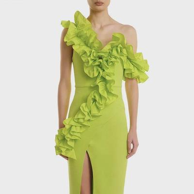 One-Shoulder Fluorescent Yellow Bandage Evening Dress