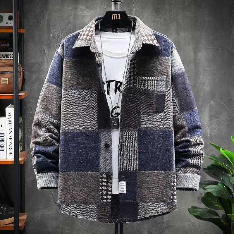 Autumn Brushed Shirt Jacket Men's Plaid Loose Large Size Trendy Versatile Shirt Men's Casual Jacket Jacket