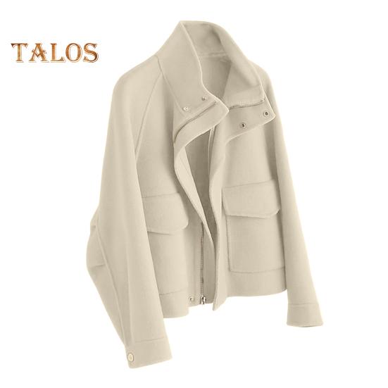 

Осенне-зимнее шерстяное пальто с боковыми карманами, застегивающимся на молнию воротником, отложным воротником, однотонная толстая куртка с длинными рукавами, верхняя одежда для поездок на работу и свиданий S бежевый