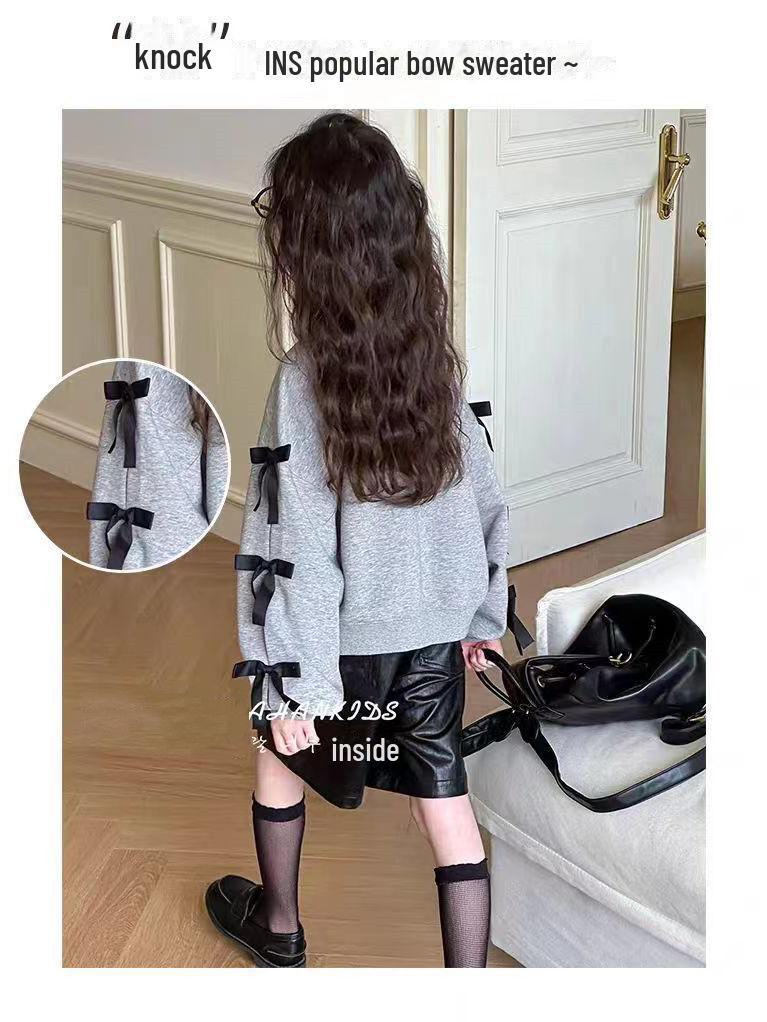 Felpa con fiocco in stile coreano per bambine - 2024 Top casual a maniche lunghe per bambini di taglia media e grande