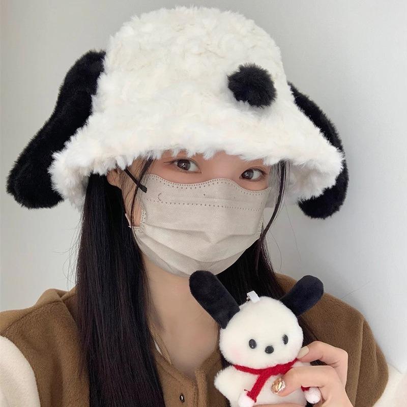 Cute puppy plush bucket hat female autumn and winter white fluffy face small warm ear protector hat student versatile