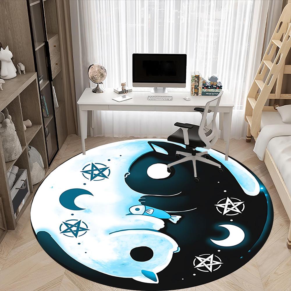 1PC Yin Yang, Moon Cat Office Round Rug, Non Slip, Soft and Durable Office Rug for Interior Decoration, Perfect for Office