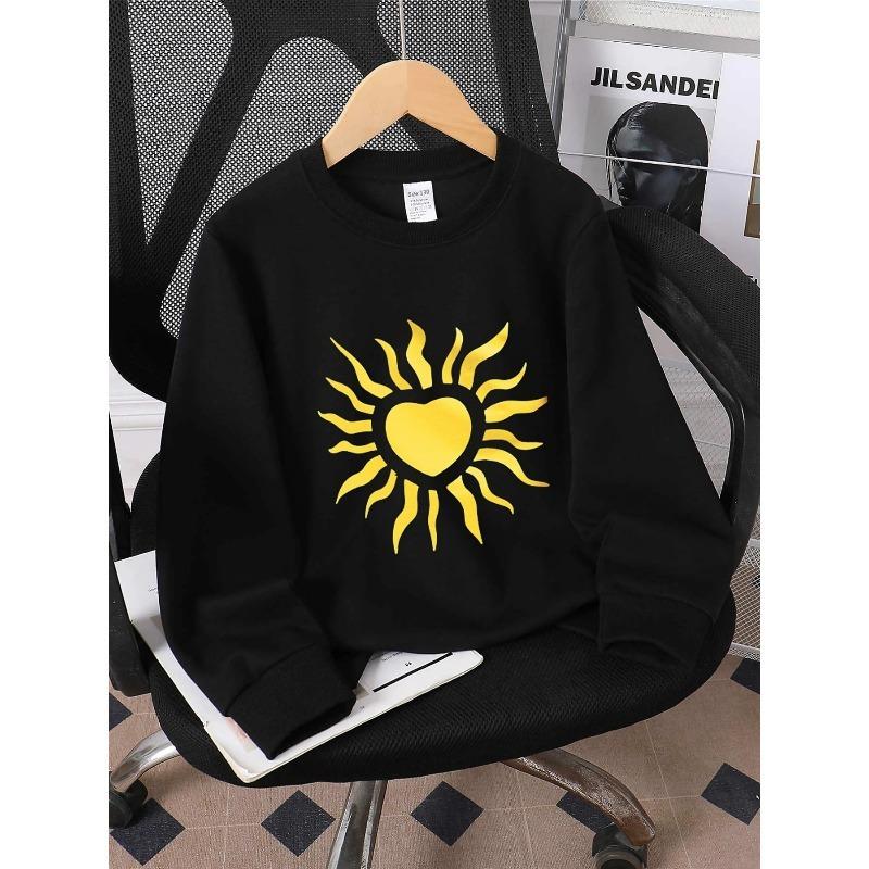 Youth Crewneck Sweatshirt - Pink with Yellow Sun Heart, Machine Washable, Suitable for Spring And Autumn, Ideal for Sports And Casual Outfits