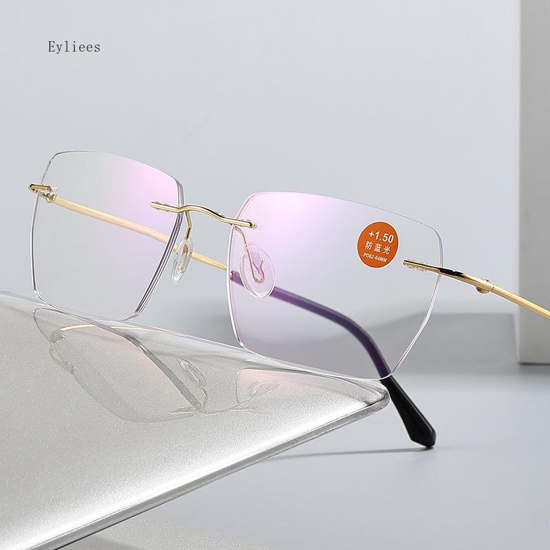 Men's Anti Blue Light Blocking Reading Glasses Cut Frameless Metal HD Lens Eyewear Women Prescription Presbyopic Glasses +400