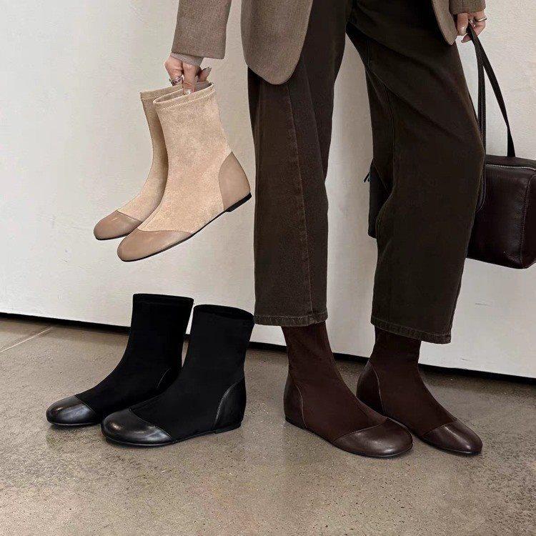 Flat-bottomed commuter sleeve splicing thin suede short boots women show thin boots round head Martin simple autumn and winter temperament