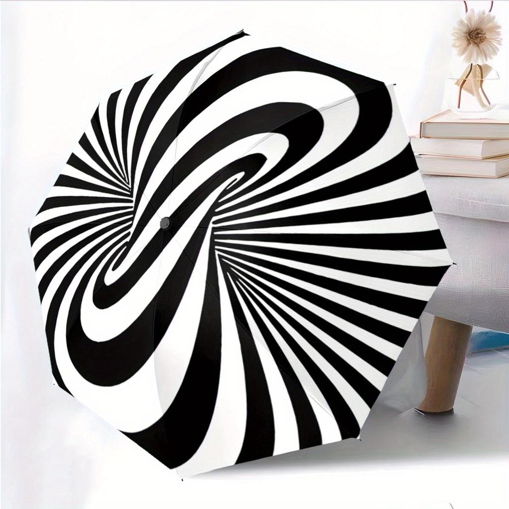 Automatic Folding Umbrella Black and White Swirling Optical Illusion. Portable Collapsible Design, Casual Outdoor Accessory, F