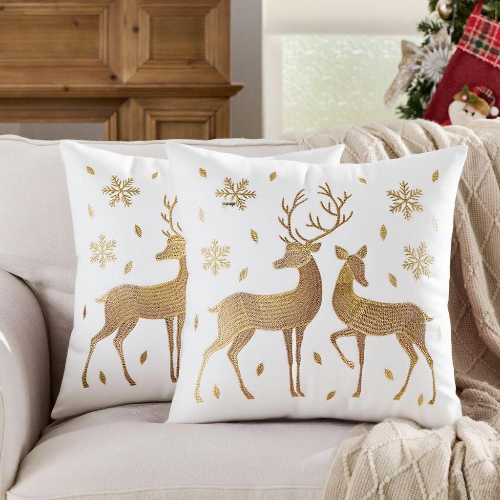 Reindeer Christmas Pillowcase, Winter Snowflake Embroidery Cushion Cover 45x45cm, Cross-border Bestseller