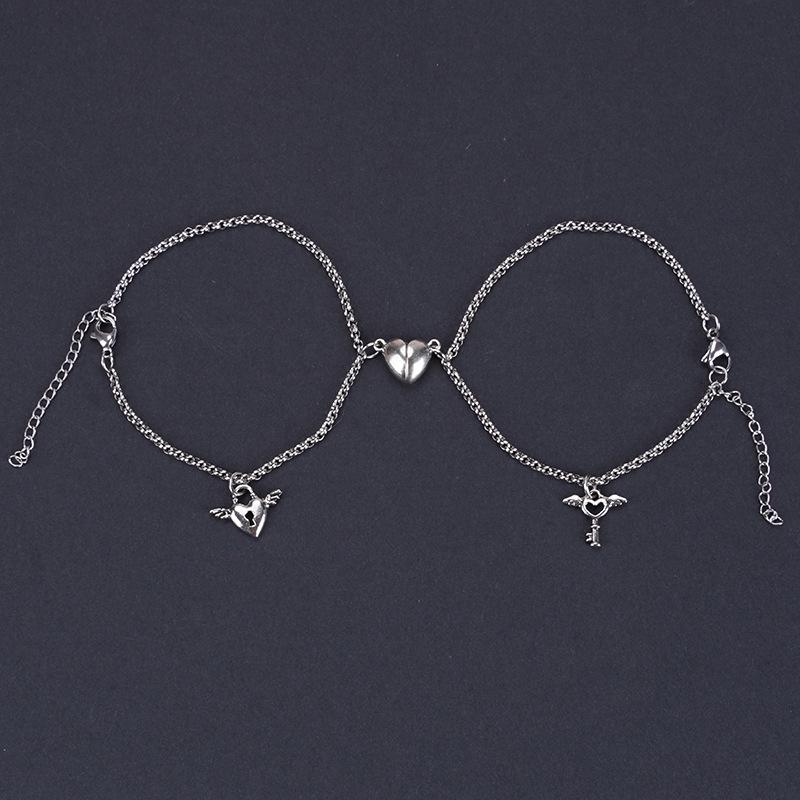 European & American Magnetic Love Lock Bracelet Pair: Stainless Steel Heart-Key Design for Couples