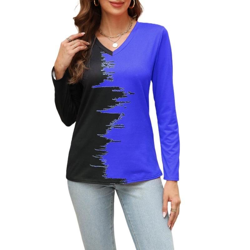 

Весенне-осенняя женская блузка с v-образным вырезом и принтом, топ с длинными рукавами L синий