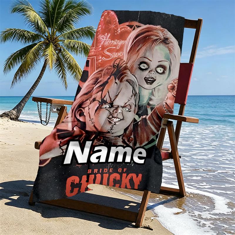 Custom Name Personalized Bride of Chucky Print Beach Towel, for Trip Camping Beach Party Home Decor, Birthday Gift for Family & Friends