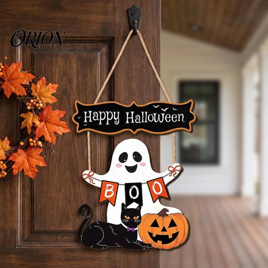 Holiday Party Supplies Halloween Wooden Hanging Sign, Rustic Ghost Bat Black Cat Witch Hat Wall Decor, Balcony Window Decor Spooky Pendant with