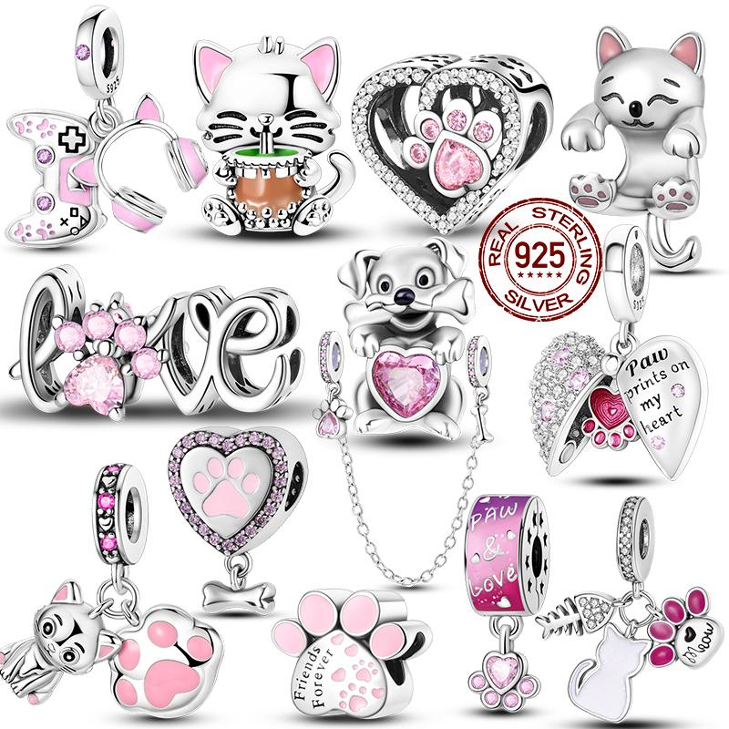 Charms 925 Silver Cute Cat Collection Charms Beads Paw Print Pendant Beads Fit Original DIY Bracelet Gift Women Jewelry