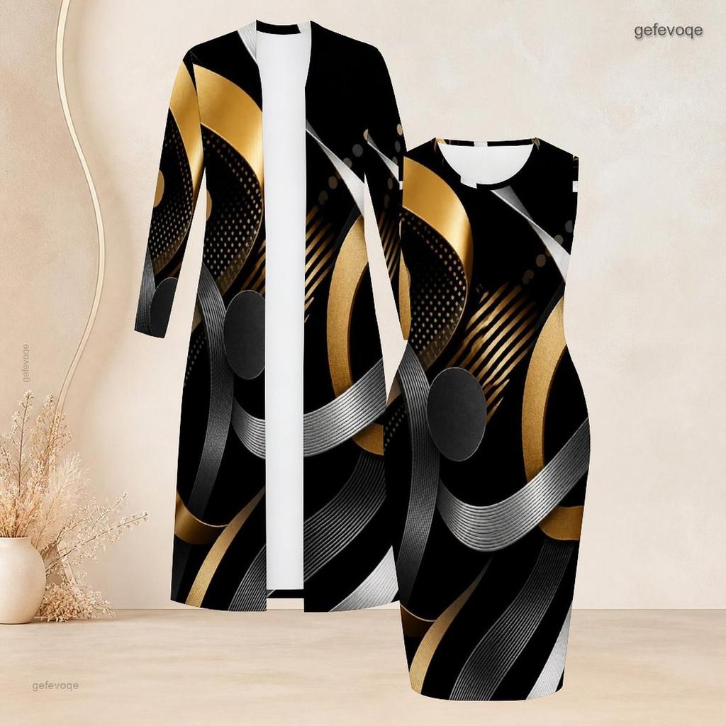 Women Plus Size Two Piece Set Black Blue Printed Long Sleeve Open Front Cardigan Sleeveless Bodycon Dress