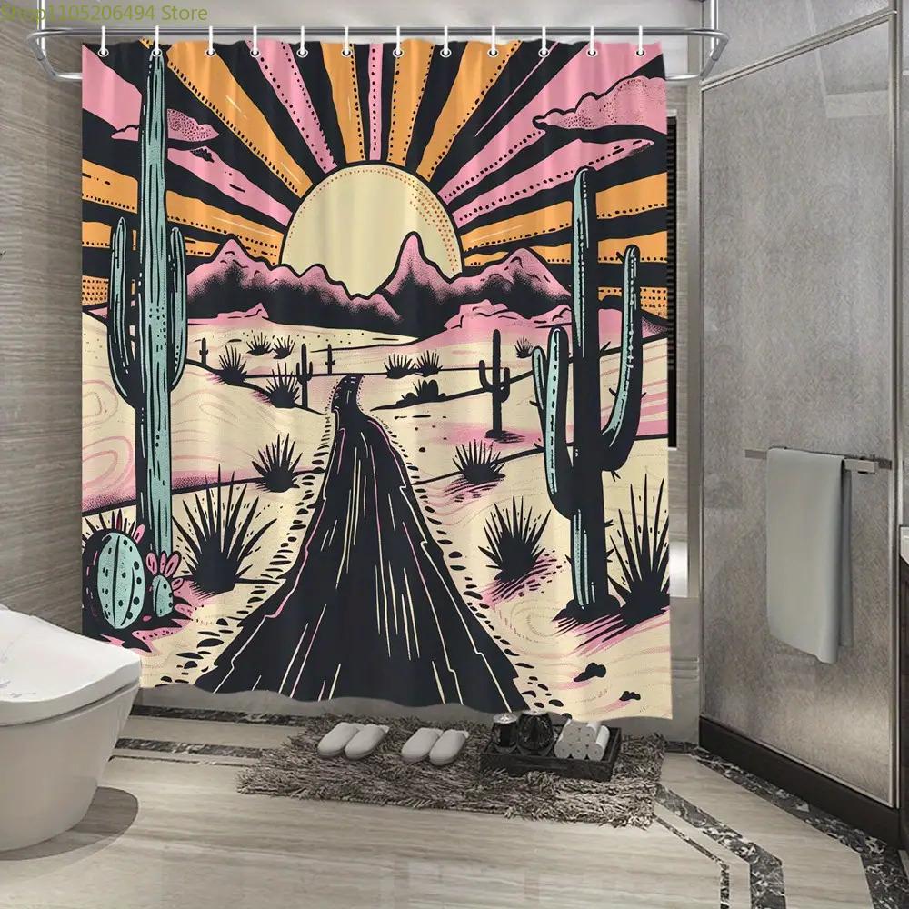 1pc Large 70x70 Inch Retro Desert Sunset Shower Curtain - Vintage Western Bathroom Decor with Cactus, Mountains, Pink & Orange