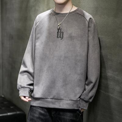 Camisola de camurça masculina nova marca da moda, camisa solta com fundo de molas, camiseta casual de manga comprida para homens