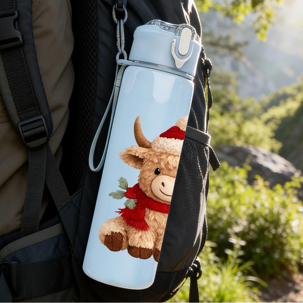 1PC Santa Hat Highland Cow 750ml Color Plastic Sports Water Bottle Leakproof Flip Straw Lid Suitable for Sports Office Home Use