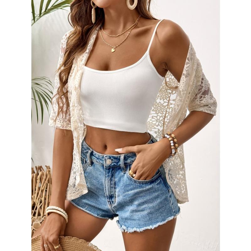 Elegant Women's Open Collar Contrast Lace Jacket - Lightweight Semi-Sheer Black & White Lace Panels, Spring Summer Fall Casual Chic Outerwear,