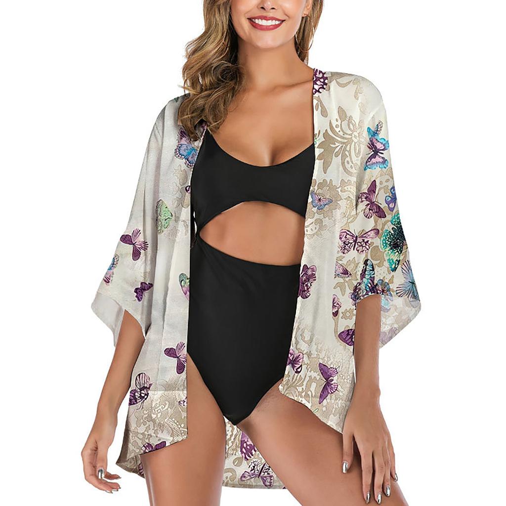 Women Chiffon Floral Print Kimono Loose Half Sleeve Shawl Cardigan Cover Up Tops