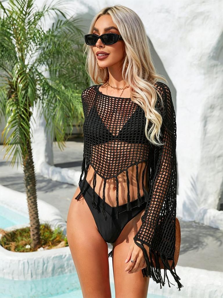 Women Hollow Out Long Sleeve Fringe Crochet Beach Bikini Cover Up