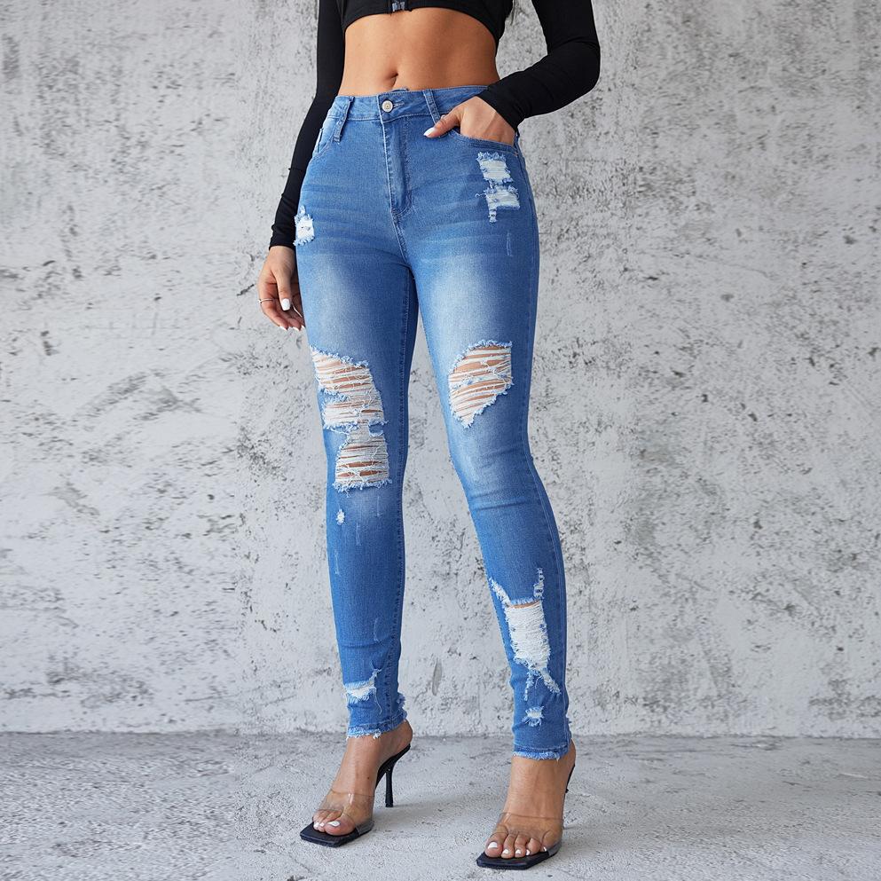 Módní dámské džíny zlomené dírky dámské jaro a léto novinka Slim lifting hip small feet kalhoty ženské