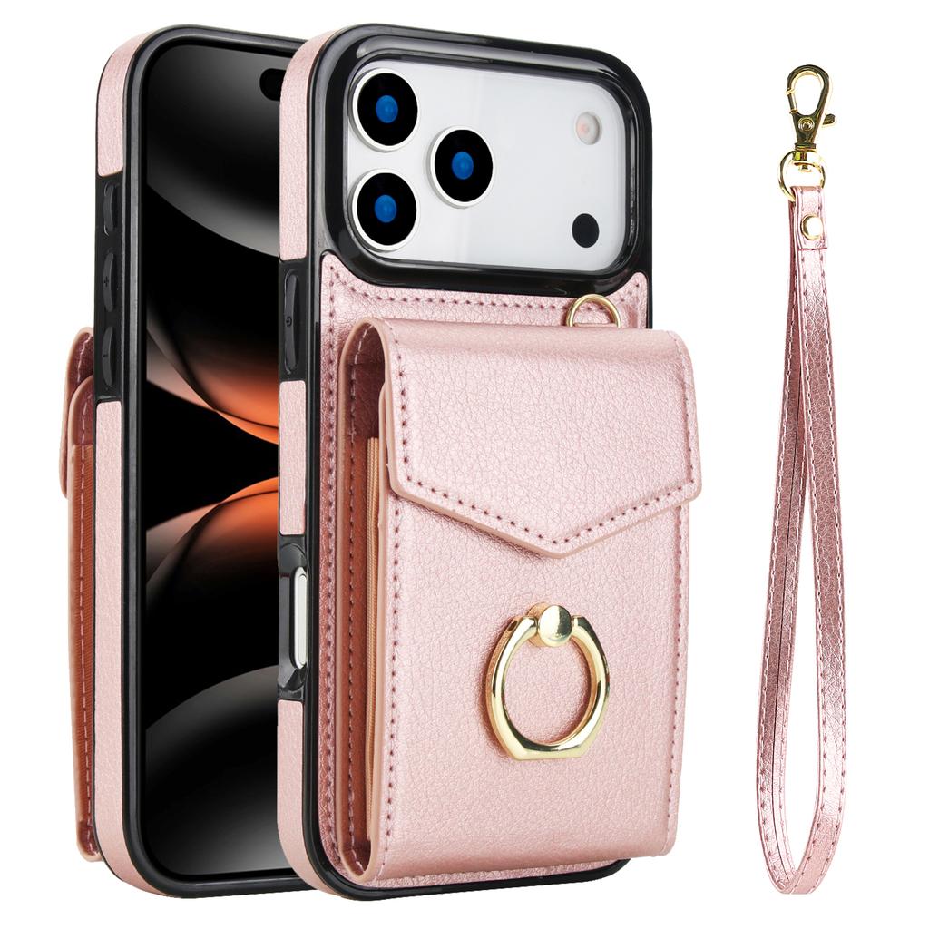 For iPhone 17 Pro Max Case Leather + TPU Accordion Card Bag Phone Cover with Ring Kickstand
