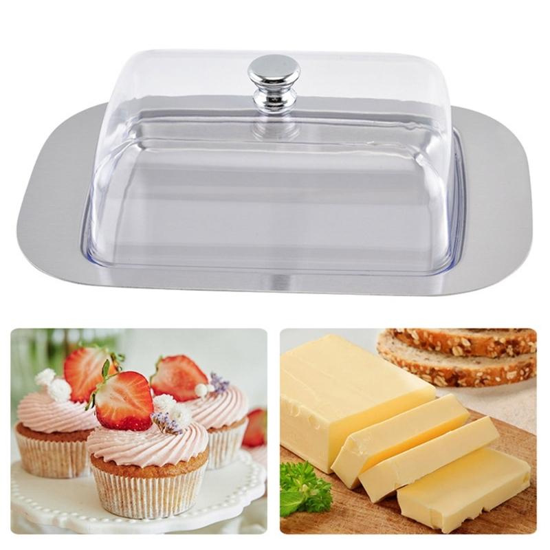 Butter Tray with Cover, Rectangular Cheese Serving Tray with Metal Base for Refrigerator Storage, Breakfast Tables, Tea Service, and Small Pastries